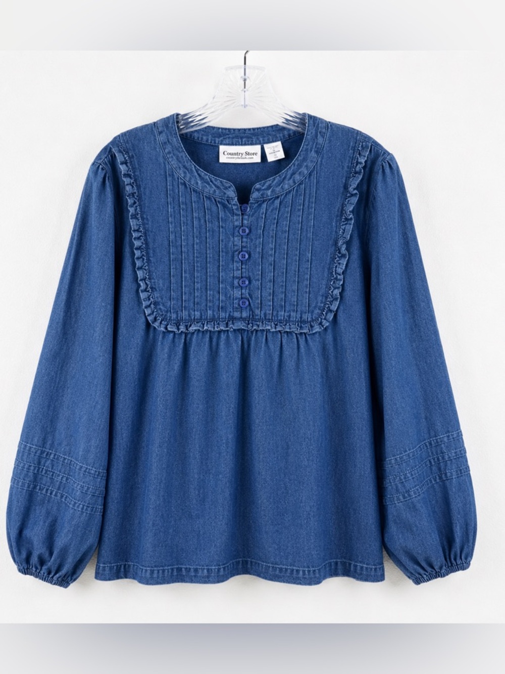 Country Store Chambray Prairie Blouse Blue Pintuck Peasant Top L